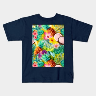 tropical pineapple exotic botanical illustration with floral tropical fruits, botanical pattern. yellow fruit pattern over a Kids T-Shirt